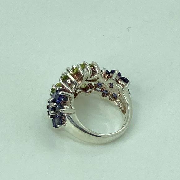 Vtg Sterling Silver Amethyst & Peridot Floral Cocktail Ring 3 Flowers | Sz 5 - Picture 7 of 13